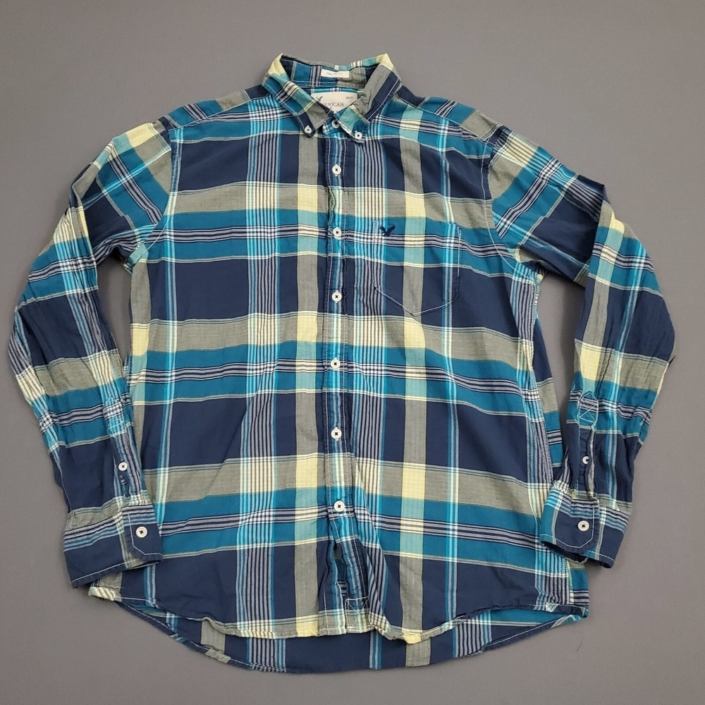 American Eagle Mens Large Vintage Fit Plaid Button Down Shirt Blue Teal